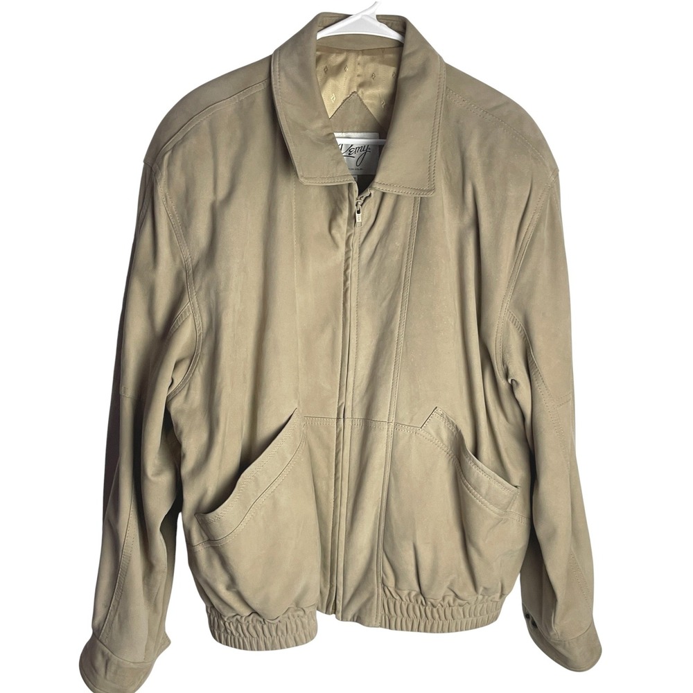Vintage Remy Mens Suede Bomber Jacket Size 42 Tan Full Zip Made in USA 90s